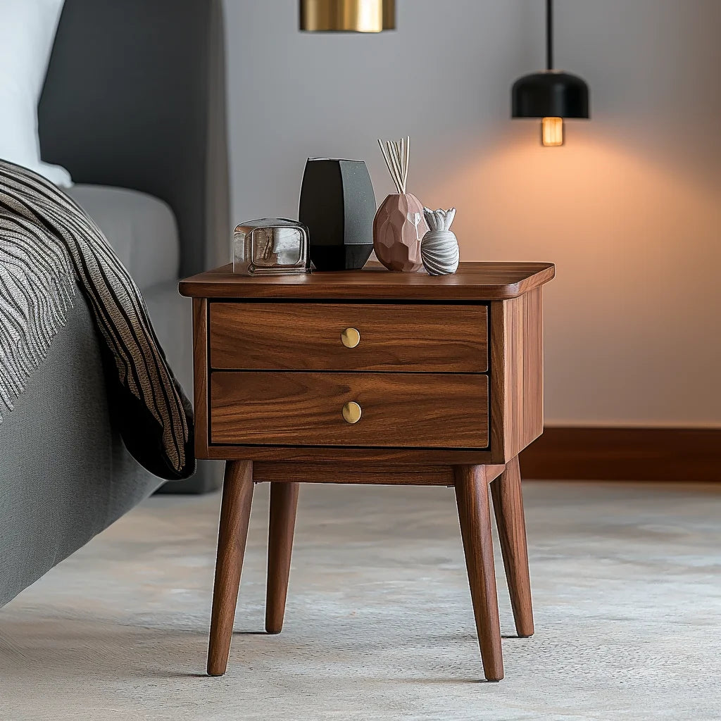 Wooden Nightstand Two Drawer Compact Mid Century Style