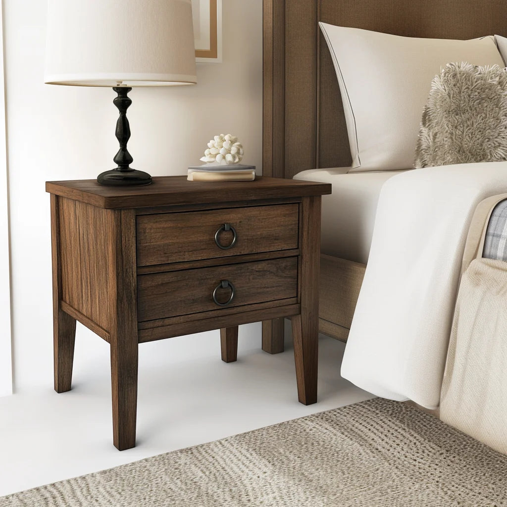 Rustic Wooden Nightstand Two Drawer Storage Accent Table
