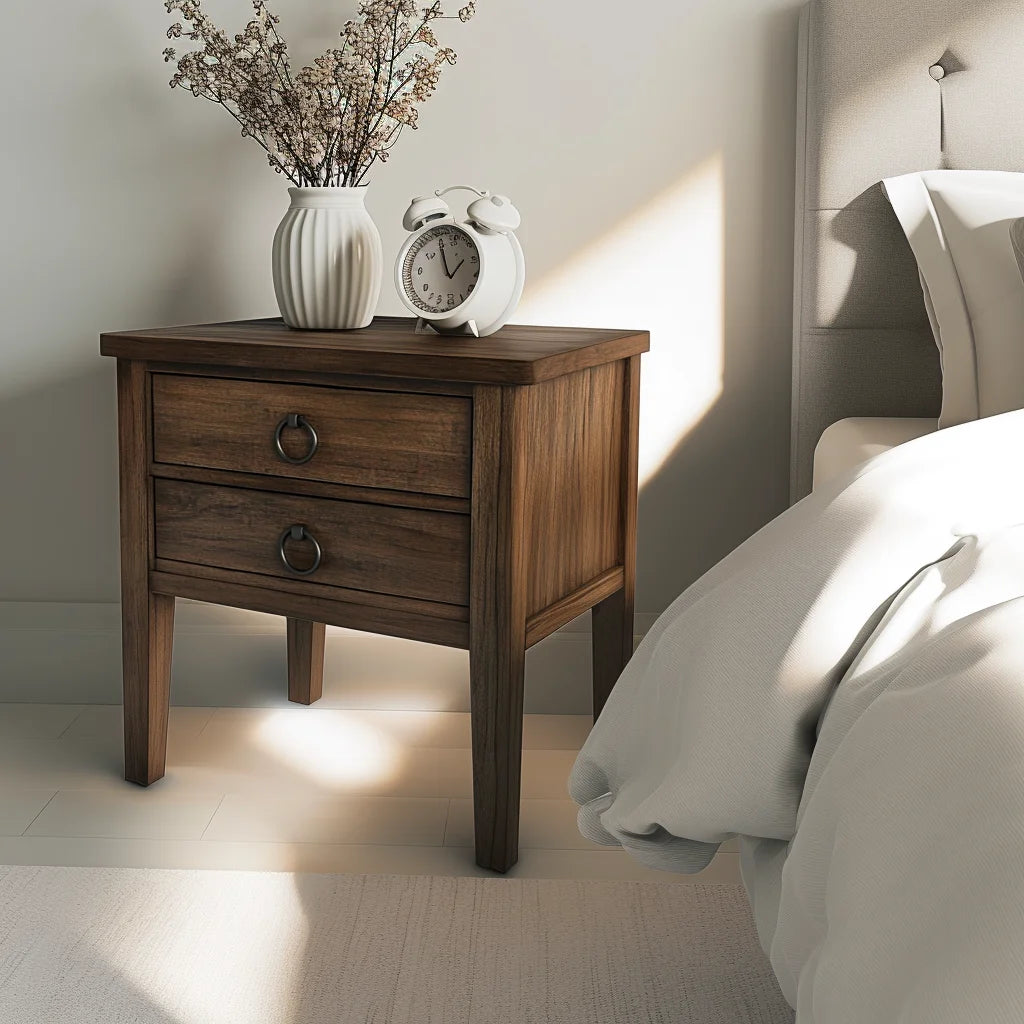 Rustic Wooden Nightstand Two Drawer Storage Accent Table