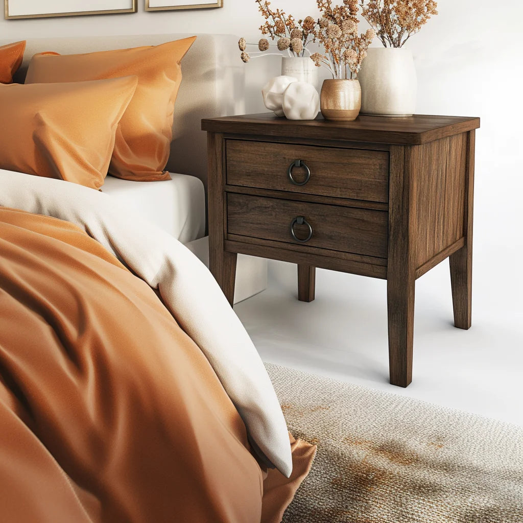 Rustic Wooden Nightstand Two Drawer Storage Accent Table