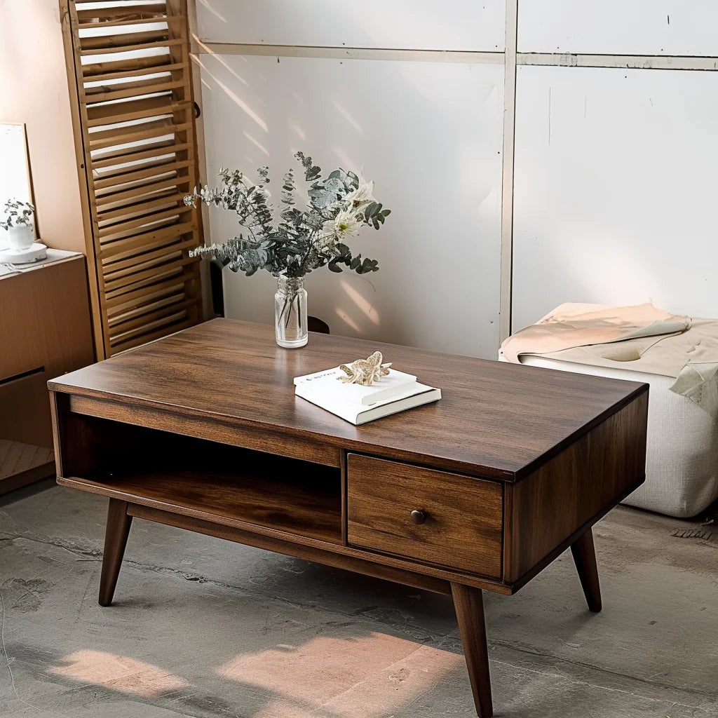 Mid-Century Coffee Table Single Drawer Open Storage Design