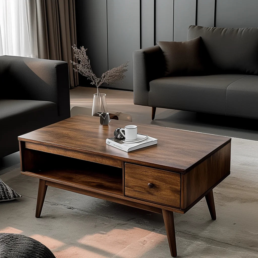 Mid-Century Coffee Table Single Drawer Open Storage Design