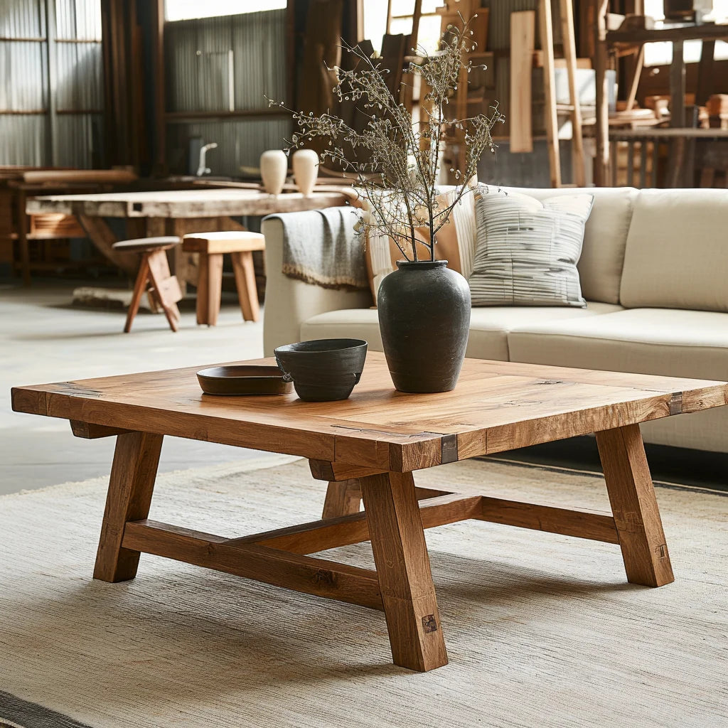 Rustic Wooden Coffee Table Natural Finish Sturdy Design
