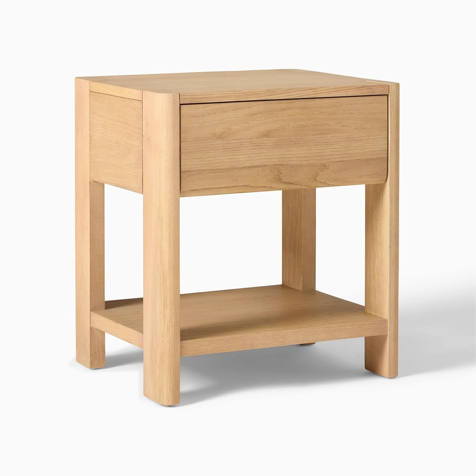 Elegant bedroom nightstand storage, featuring a drawer and open shelf