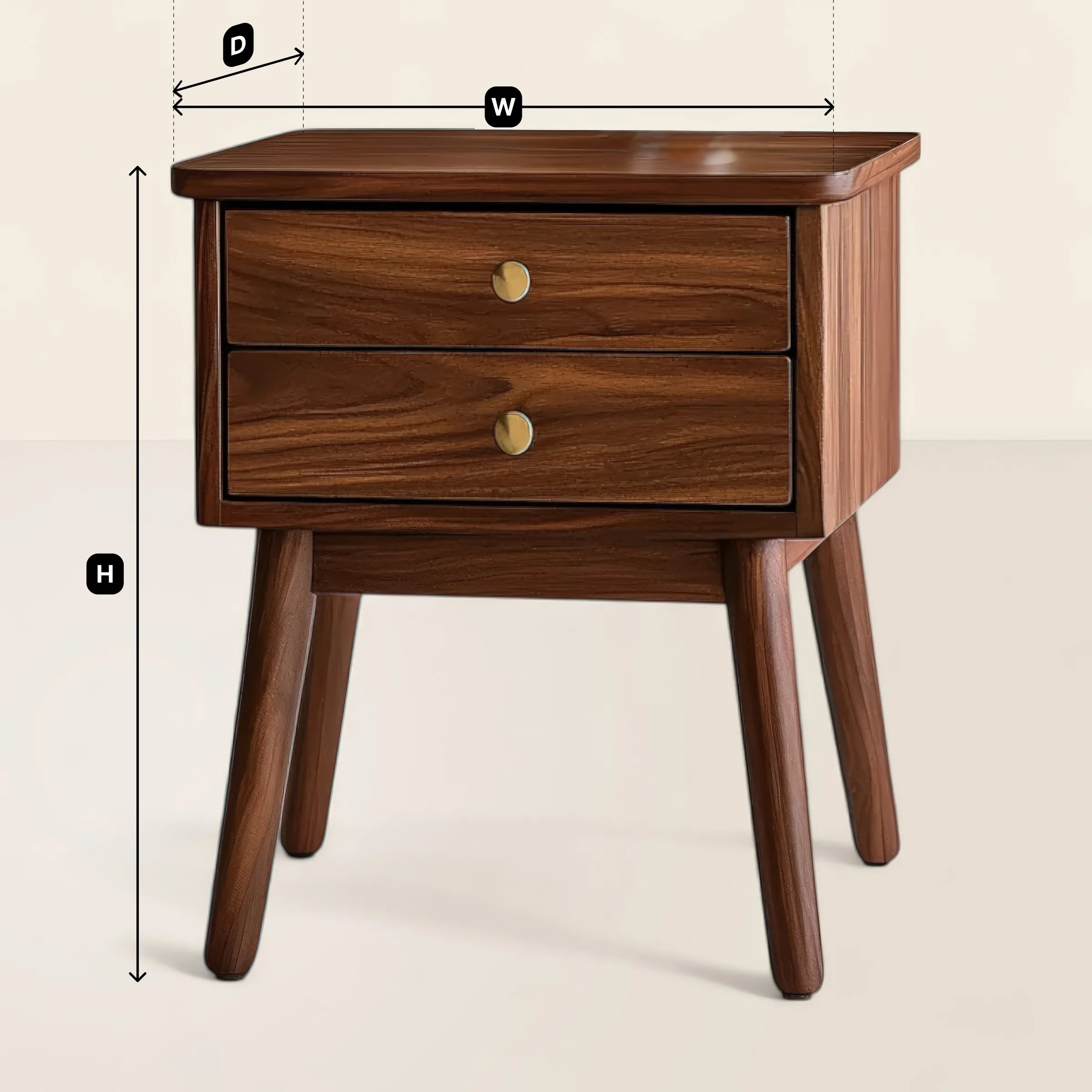 Wooden Nightstand Two Drawer Compact Mid Century Style