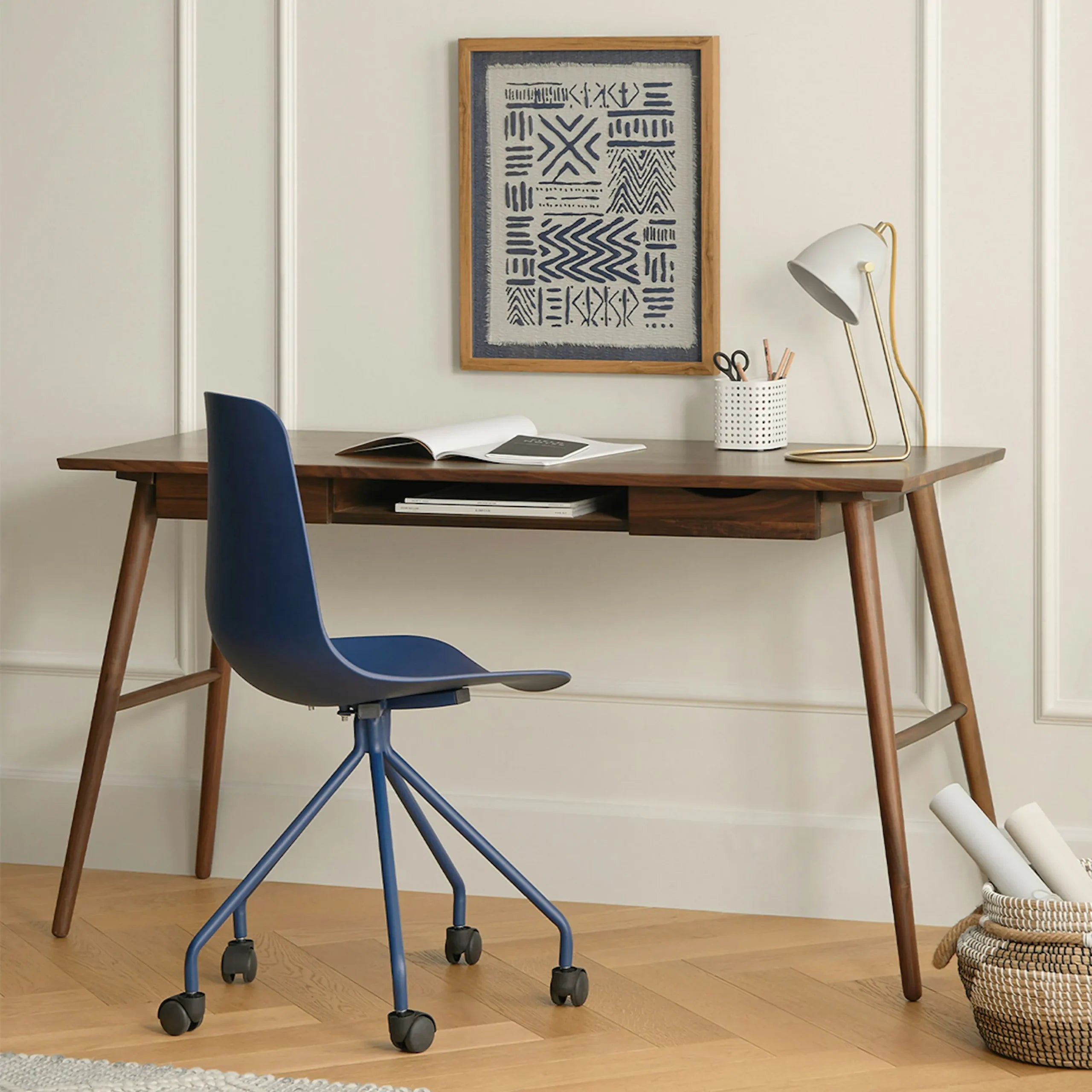 Modern Study Desk with drawers and open storage in a stylish home office setting