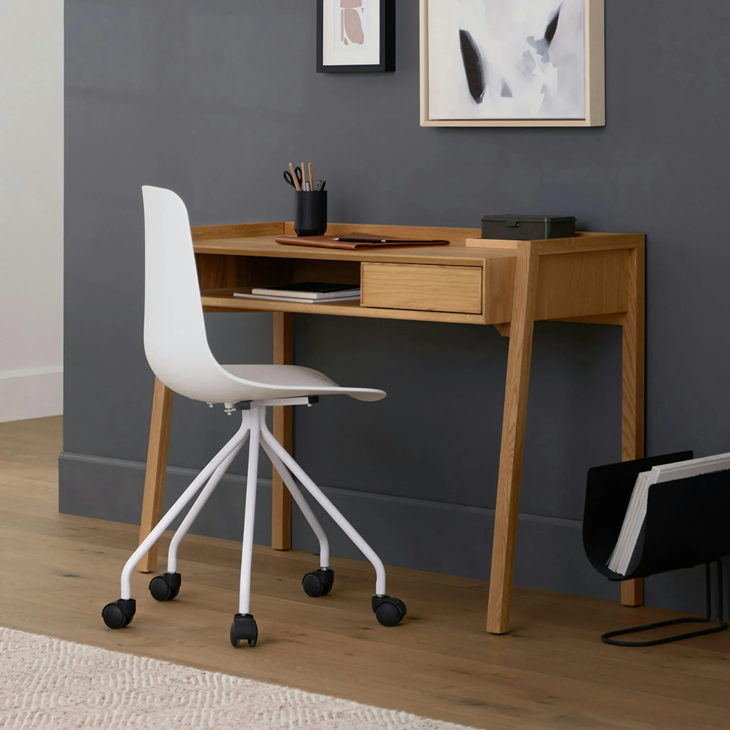 Modern Workspace Desk Storage with drawer and open shelf in a stylish home office