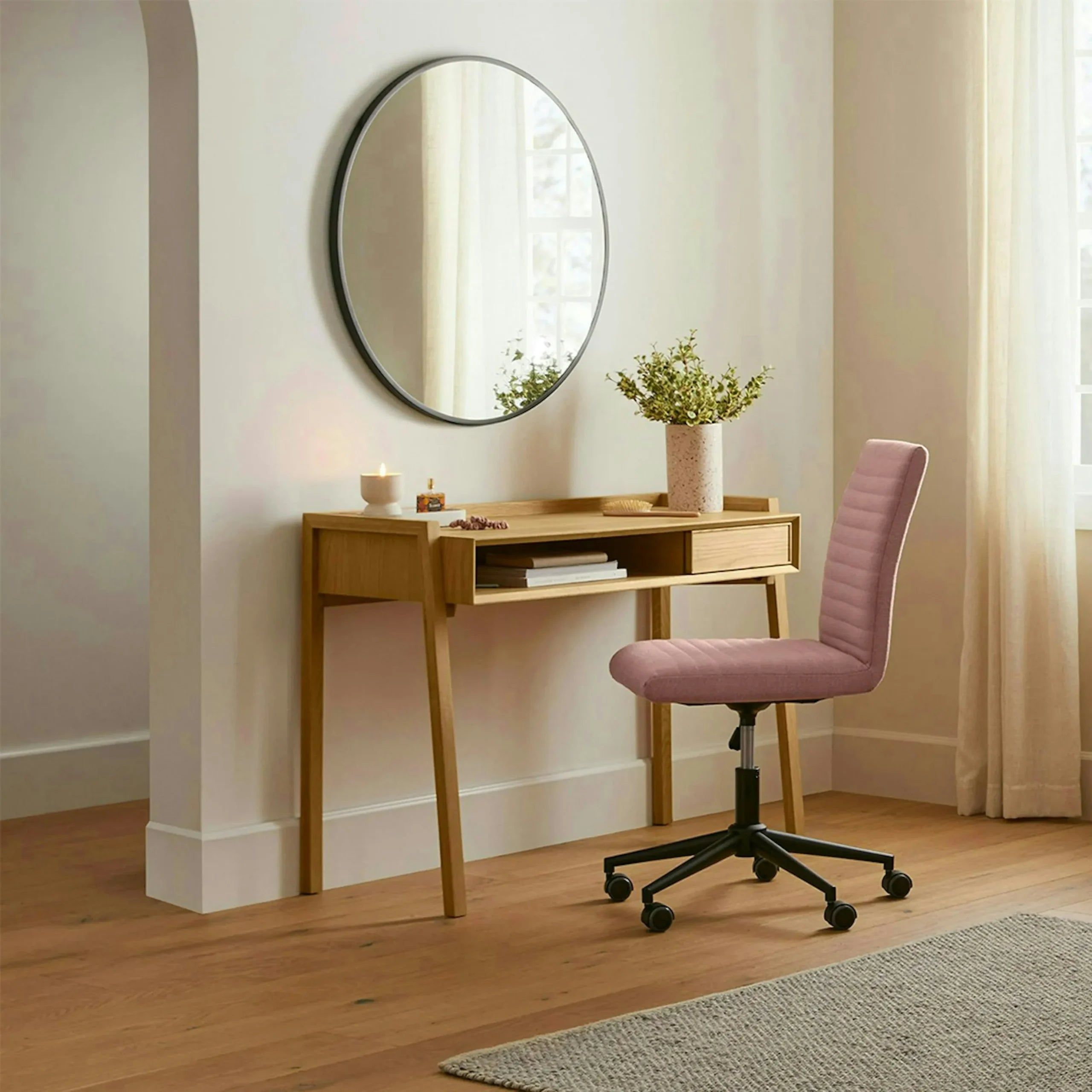 Modern Workspace Desk Storage with drawer and open shelf in a stylish home office