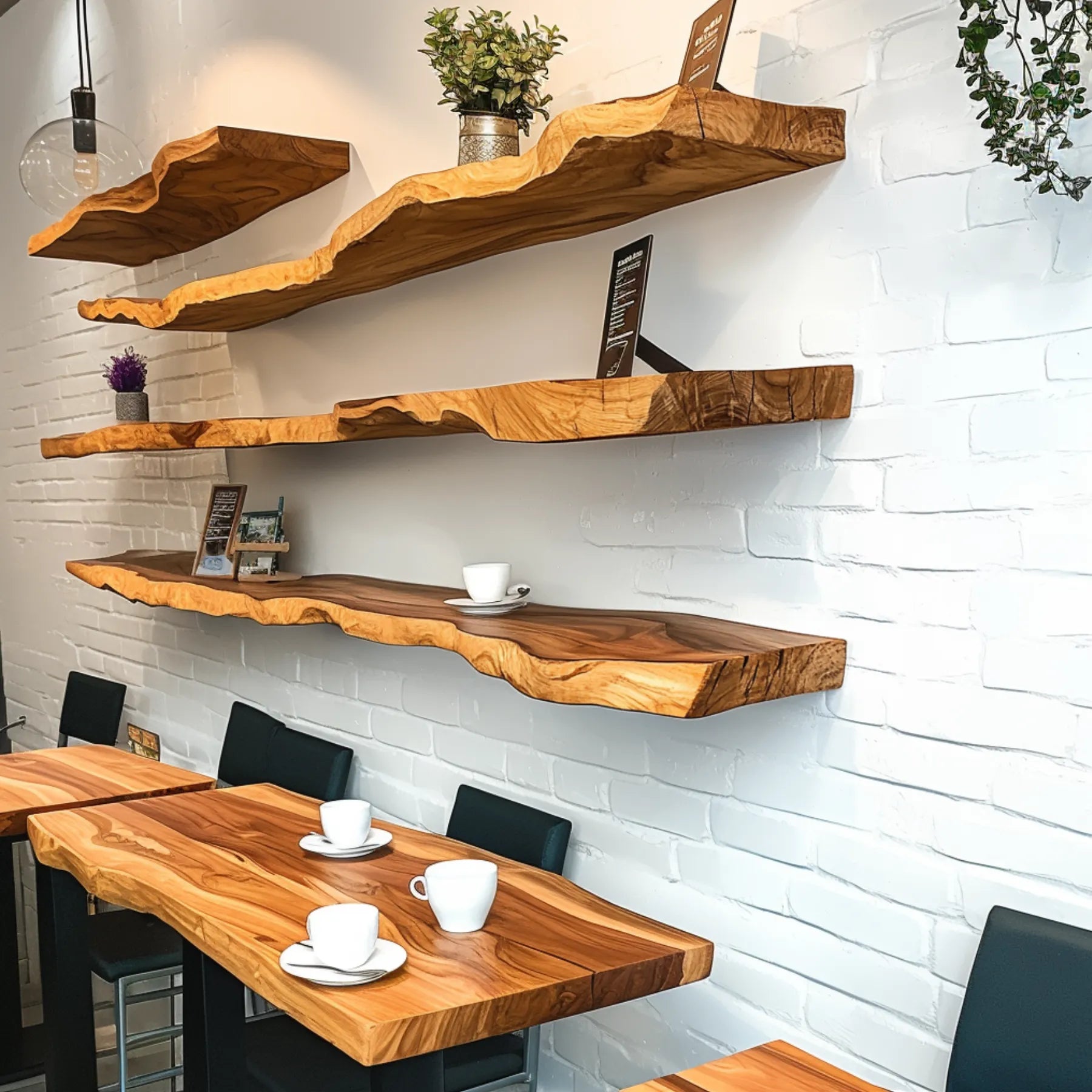 Natural Edge Floating Shelf mounted on white brick wall featuring décor and collectibles