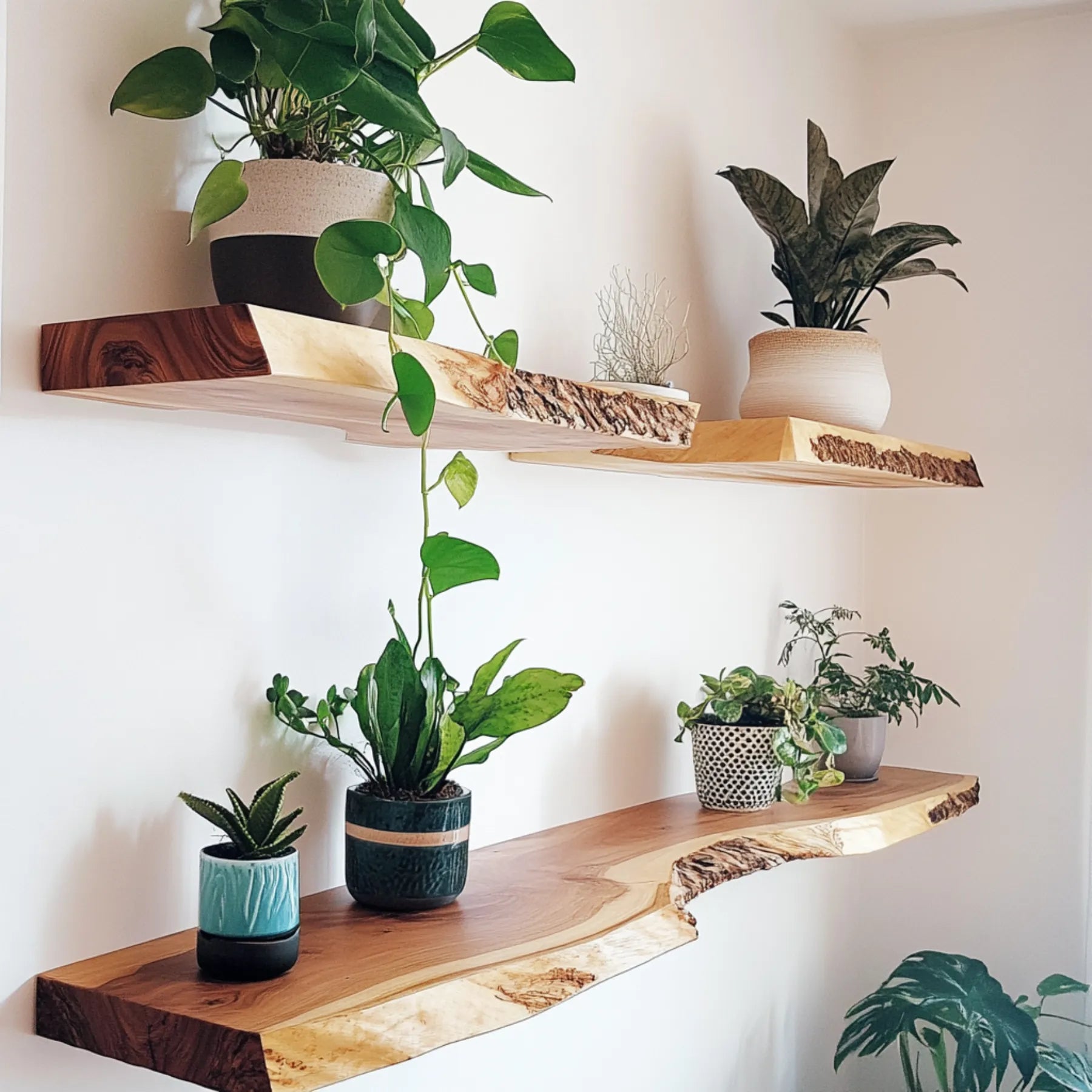 Natural Live Edge Floating Shelf mounted on a white wall decorated with plants ornaments