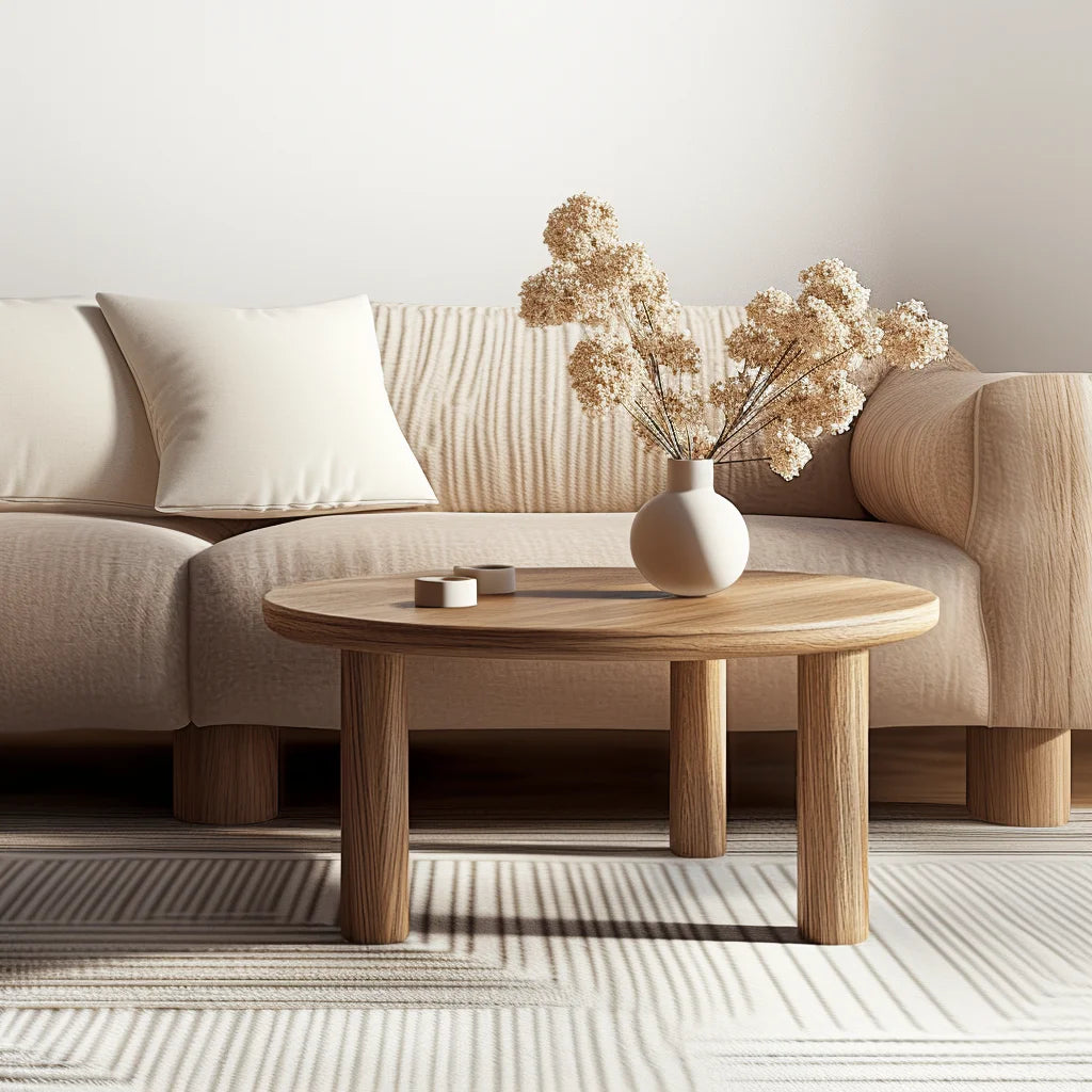 Natural Round Coffee Table with a wooden grain finish