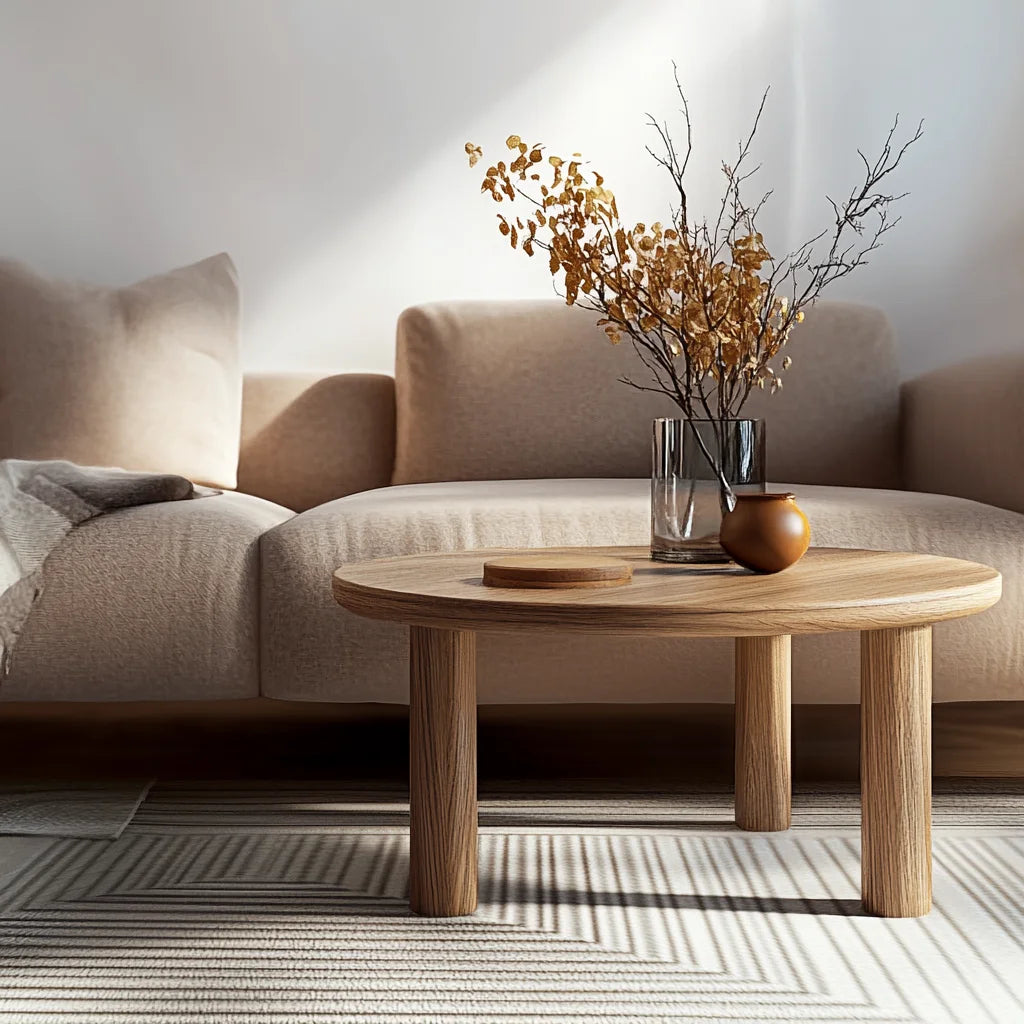 Natural Round Coffee Table with a wooden grain finish