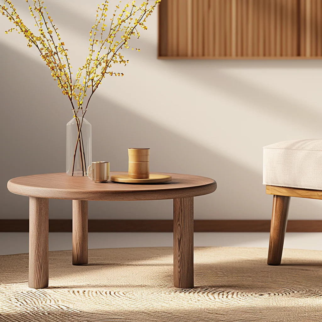 Natural Round Coffee Table with a wooden grain finish