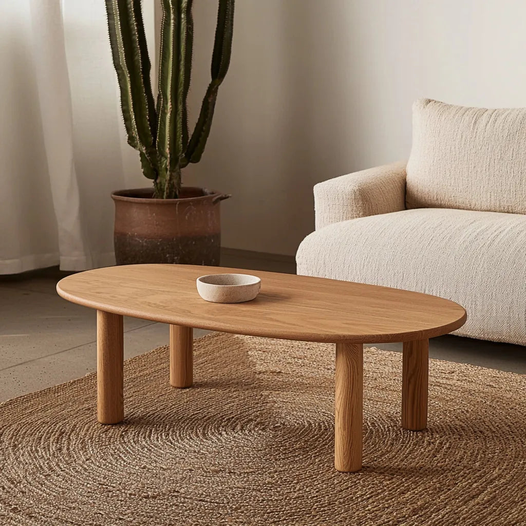 Oval Wooden Coffee Table with rounded edges and natural wood finish.