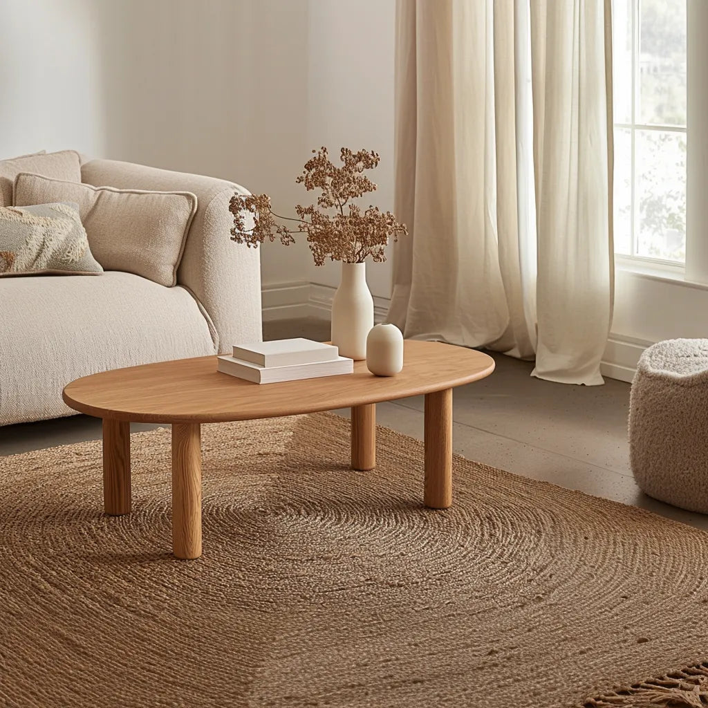 Oval Wooden Coffee Table with rounded edges and natural wood finish.