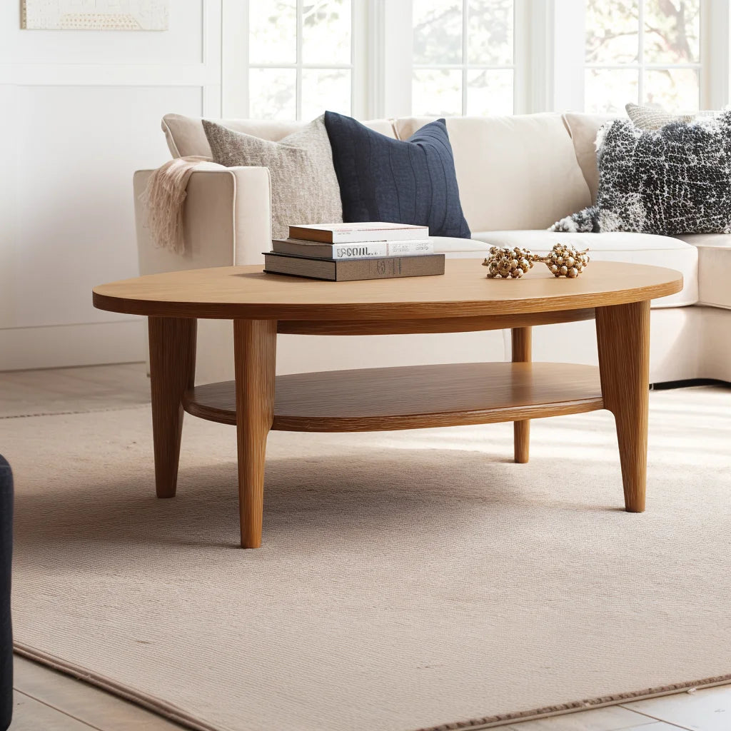 Oval coffee table with shelf styled in a bright neutral-toned living room