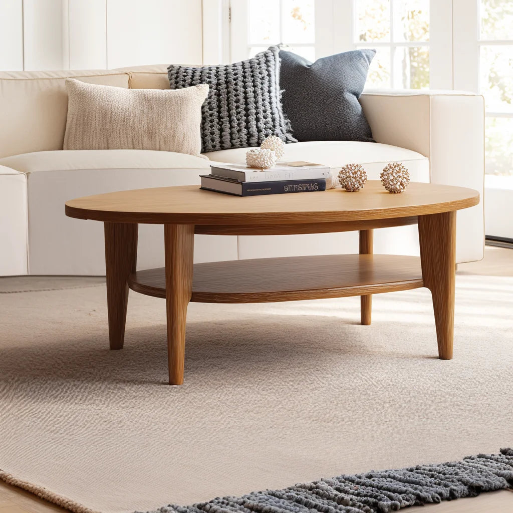 Oval coffee table with shelf styled in a bright neutral-toned living room