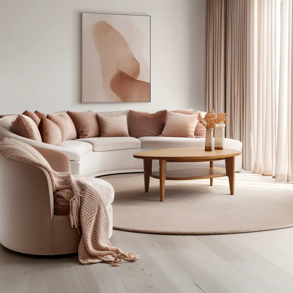 Oval coffee table with shelf styled in a bright neutral-toned living room
