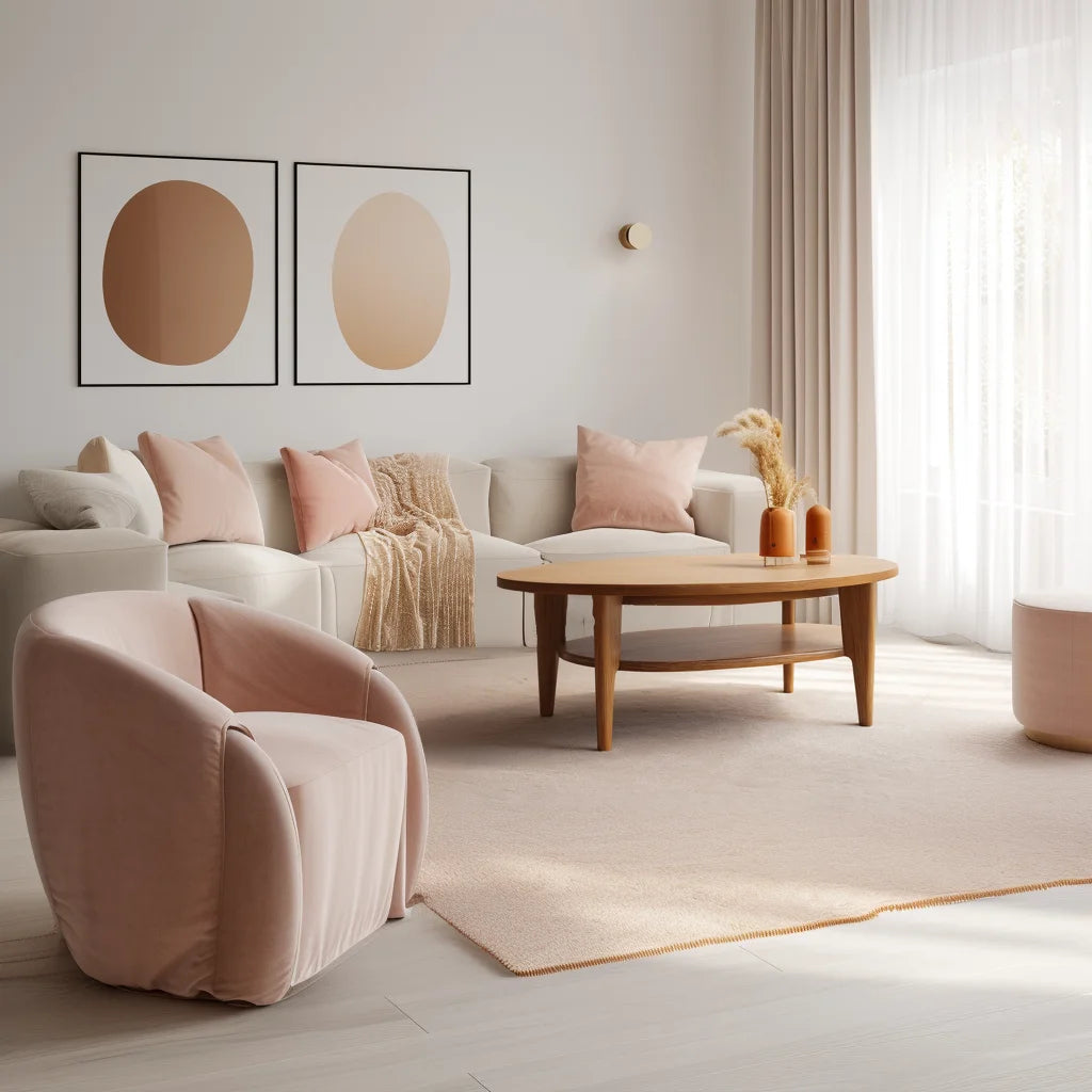 Oval coffee table with shelf styled in a bright neutral-toned living room