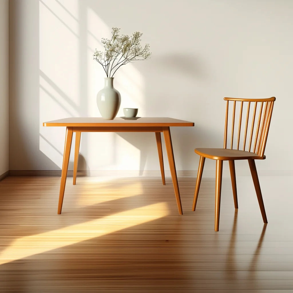 Quiet form table placed in minimal interior with angled sunlight and clean composition