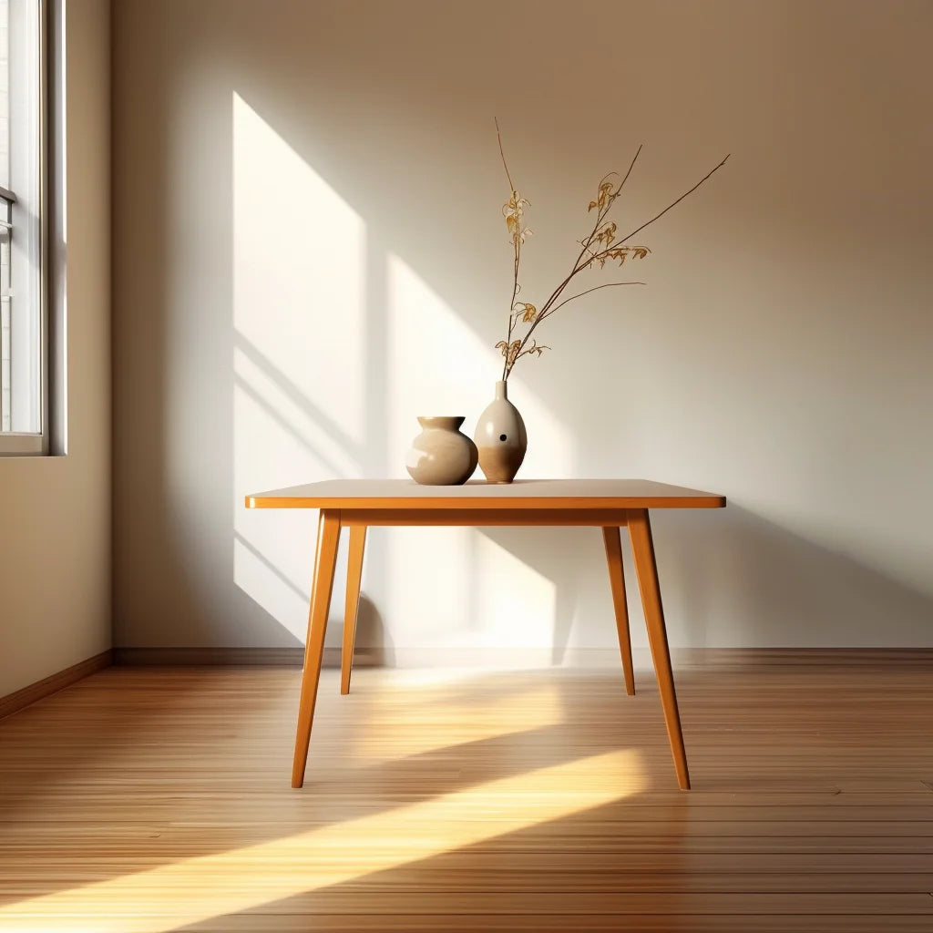 Quiet form table placed in minimal interior with angled sunlight and clean composition