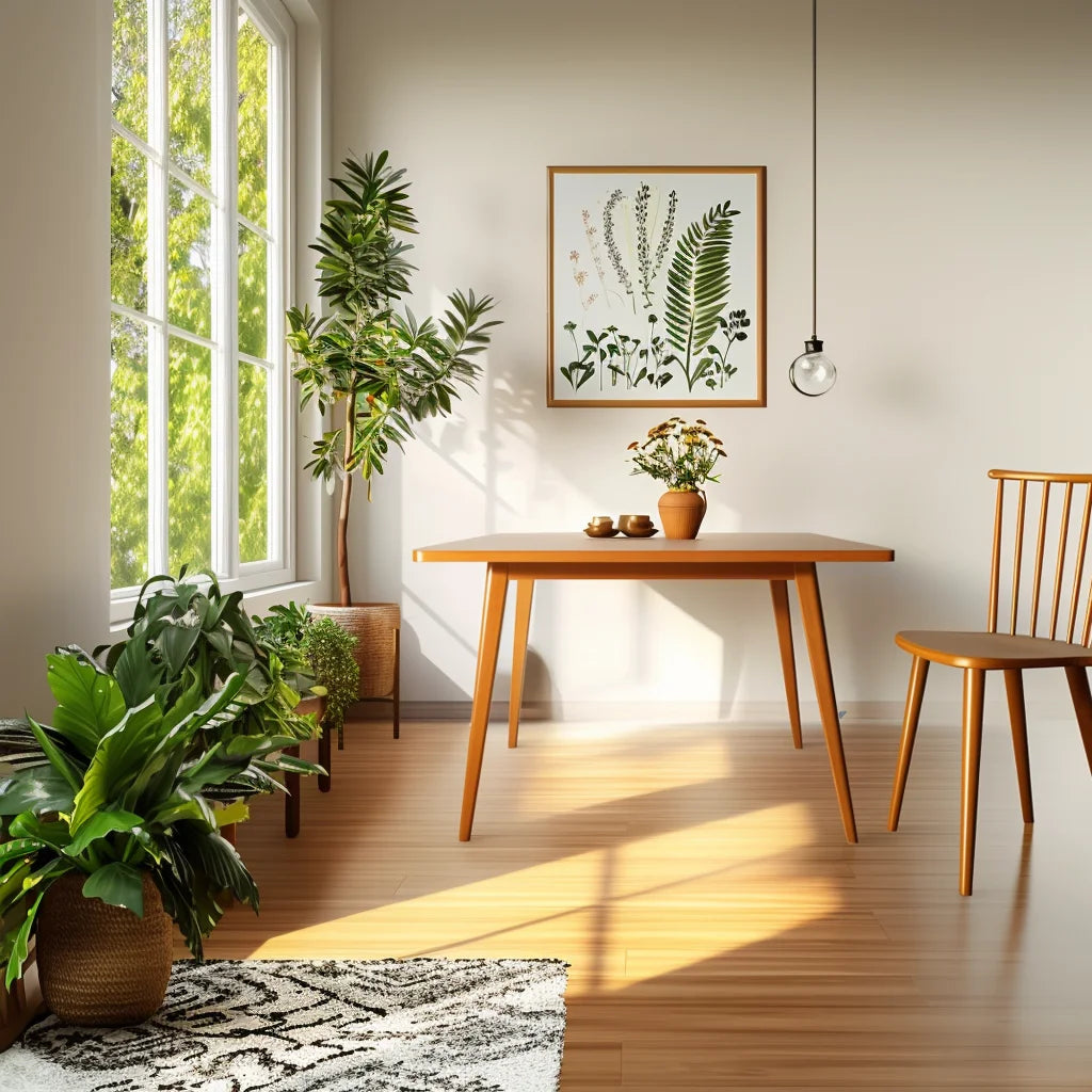 Quiet form table placed in minimal interior with angled sunlight and clean composition