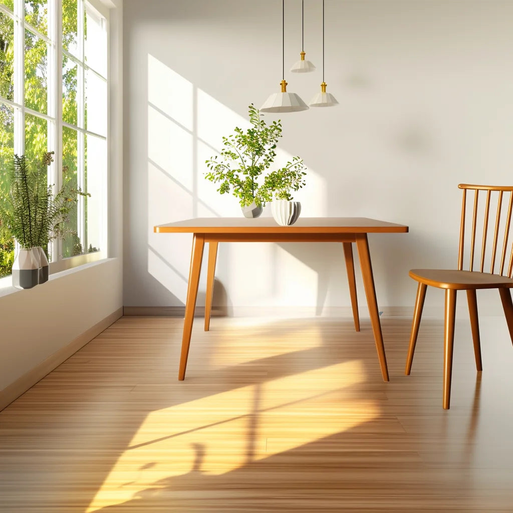 Quiet form table placed in minimal interior with angled sunlight and clean composition