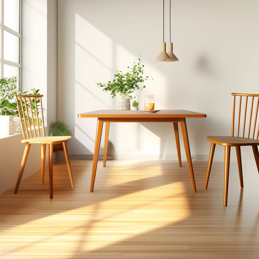 Quiet form table placed in minimal interior with angled sunlight and clean composition