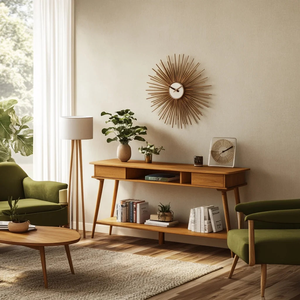 Retro Console Table with open shelves and drawers styled in a modern hallway