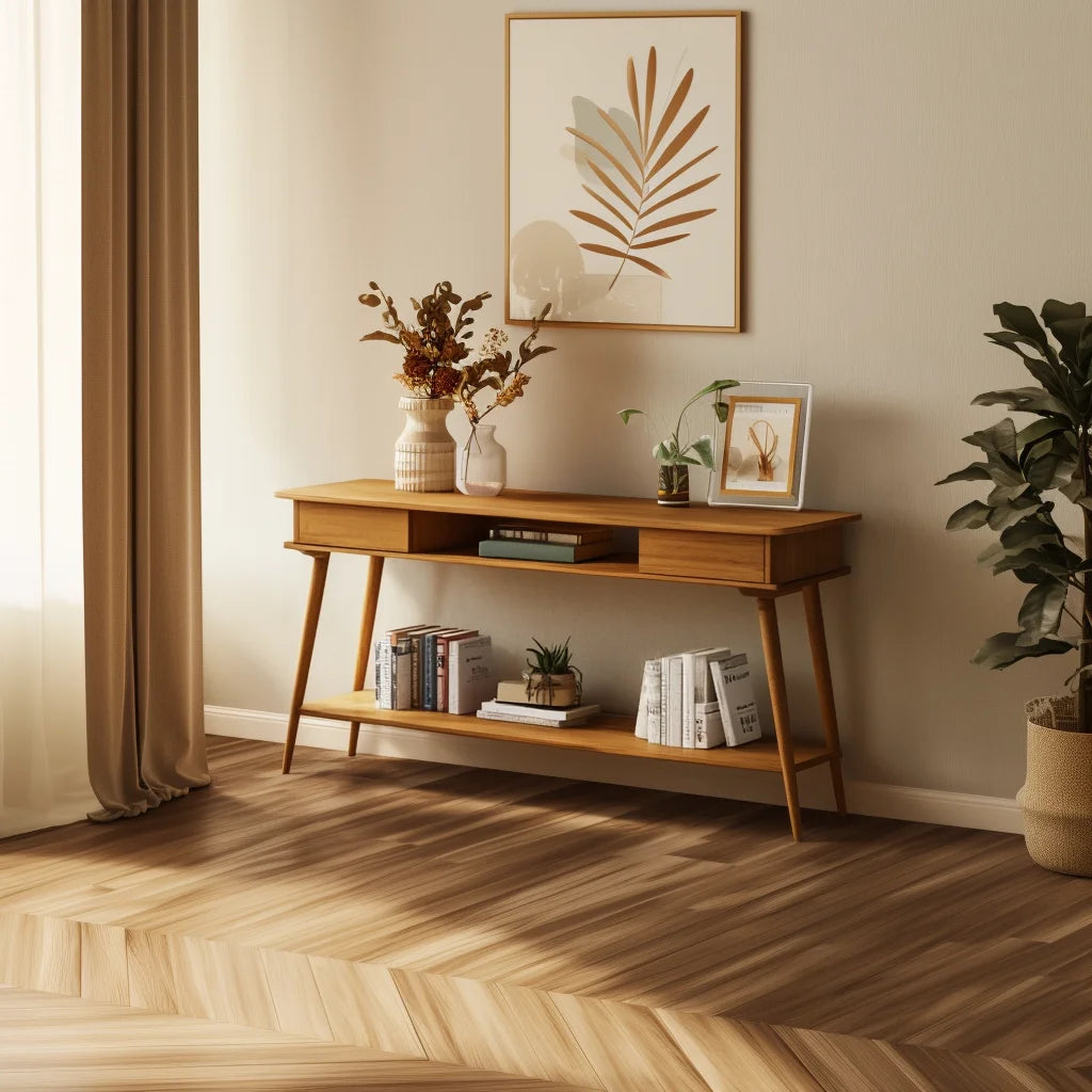 Retro Console Table with open shelves and drawers styled in a modern hallway