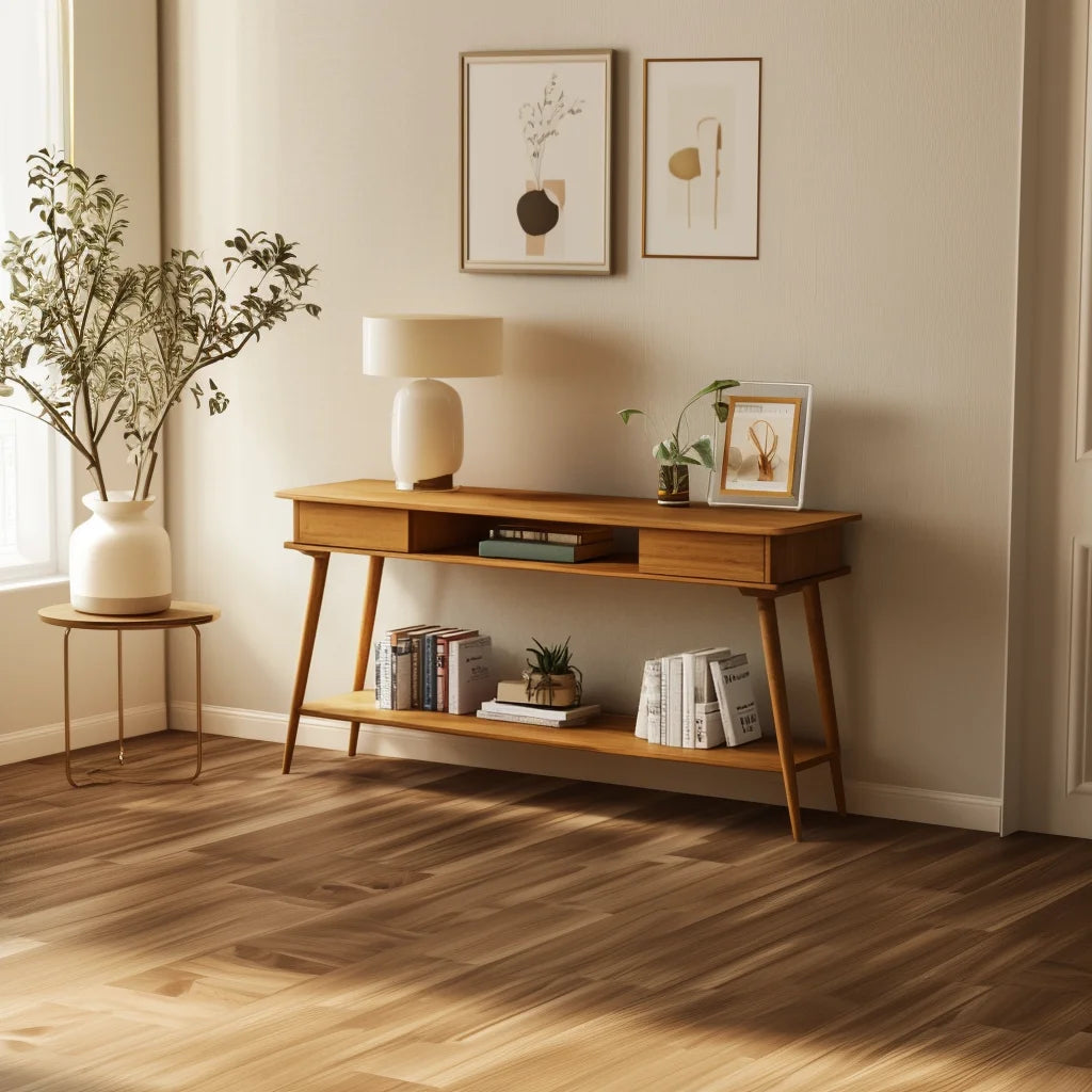 Retro Console Table with open shelves and drawers styled in a modern hallway