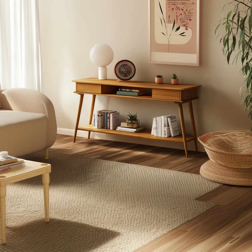 Retro Console Table with open shelves and drawers styled in a modern hallway