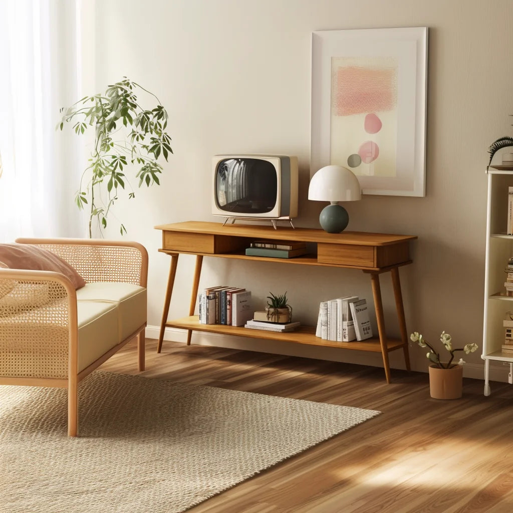 Retro Console Table with open shelves and drawers styled in a modern hallway