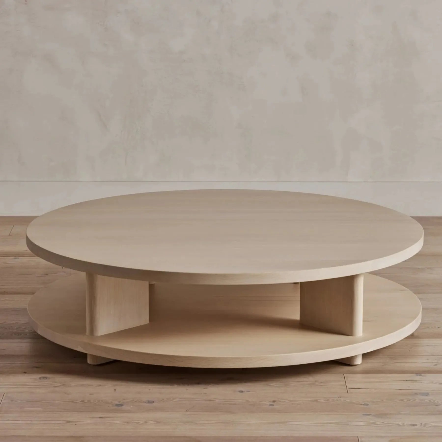 Round Double Layer Coffee Table with spacious top and open lower shelf for storage