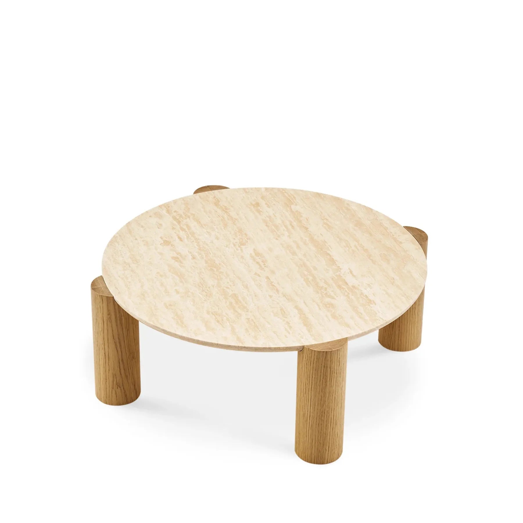 Round modern coffee table with cylindrical legs and sleek design