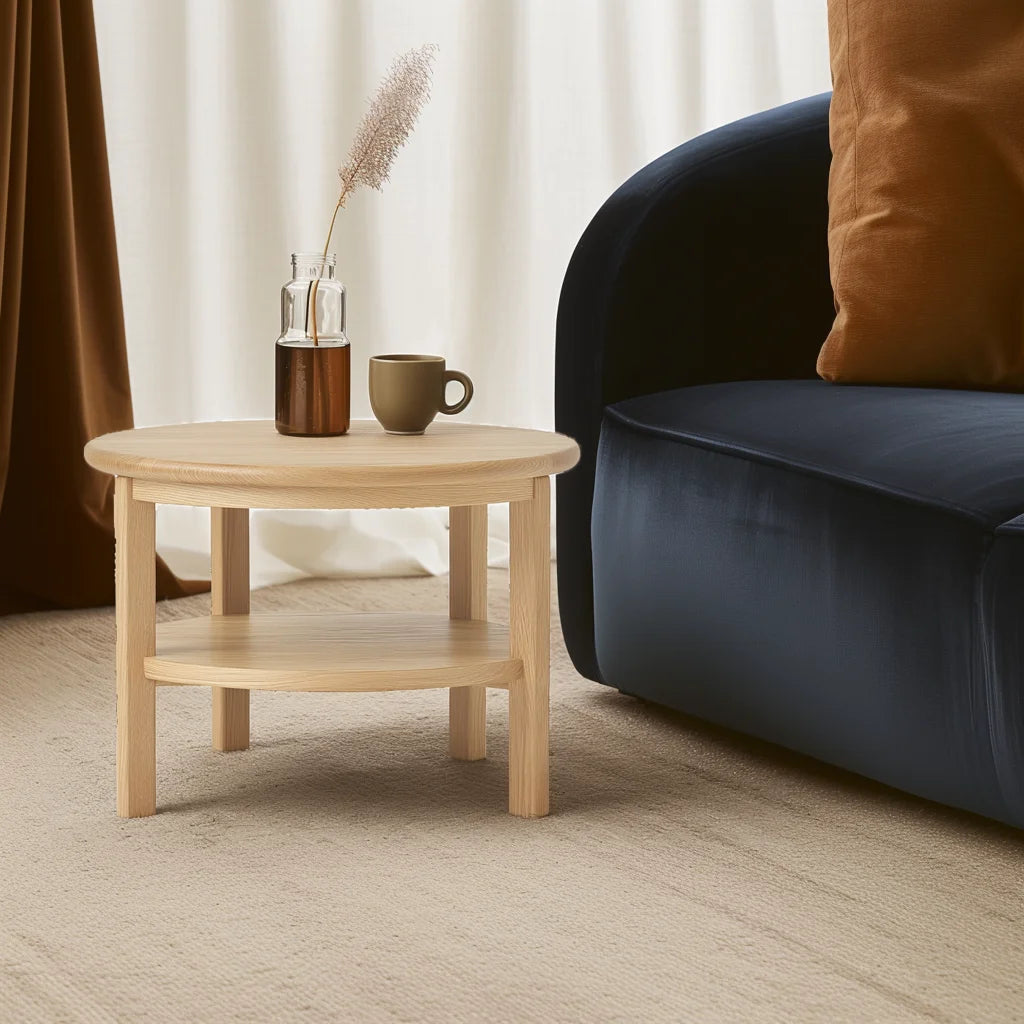 Round side table with shelf placed between two armchairs in neutral room