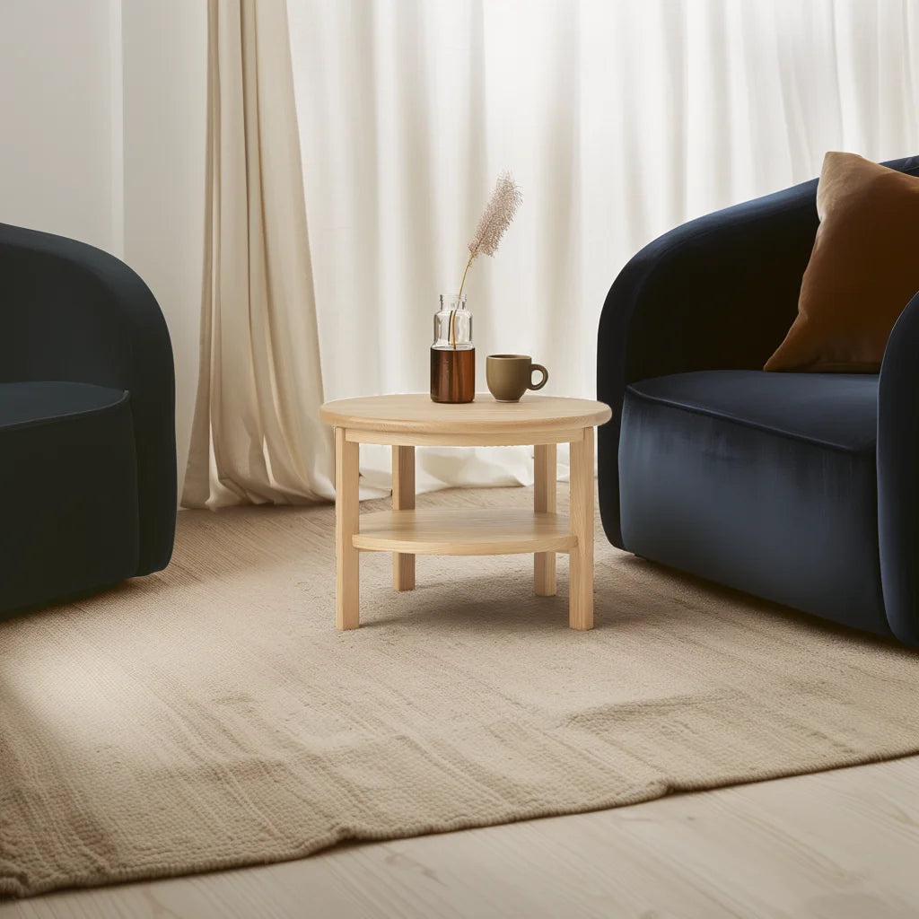 Round side table with shelf placed between two armchairs in neutral room