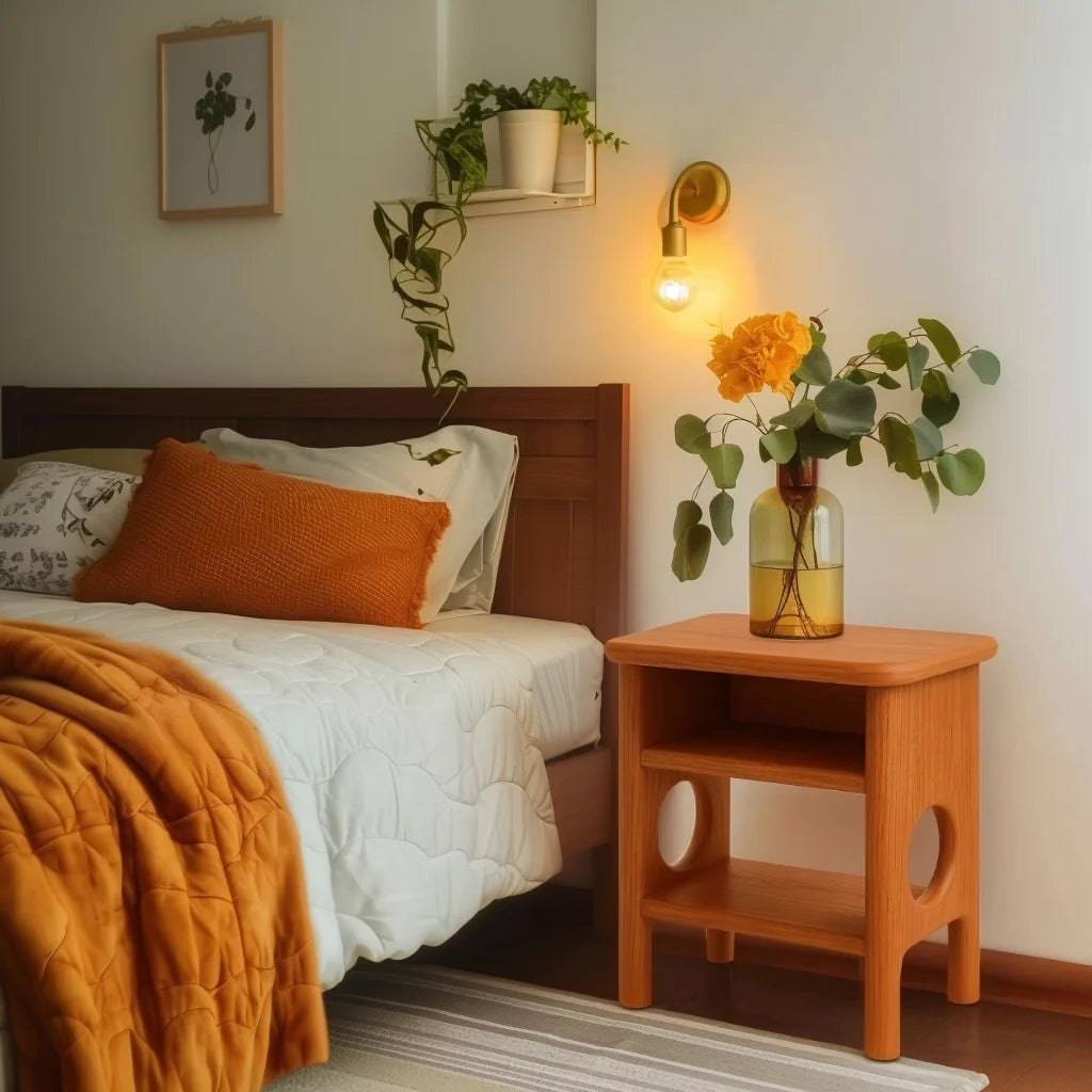 Rounded nightstand with open shelving and sculptural cutout legs in a cozy bedroom corner