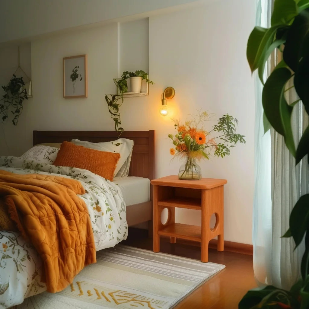 Rounded nightstand with open shelving and sculptural cutout legs in a cozy bedroom corner