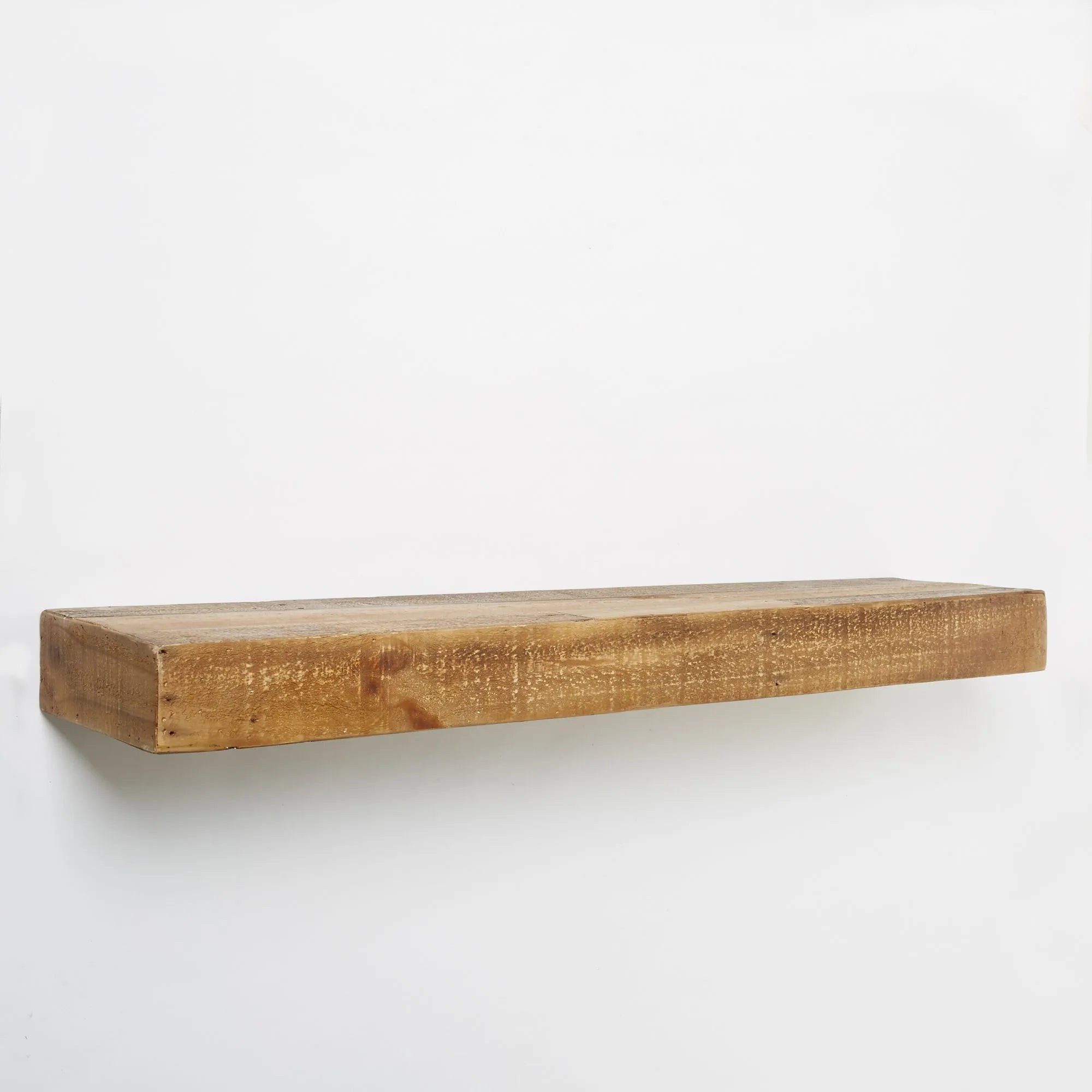 Rustic Wooden Floating Shelf with natural wood grain finish and decor items.