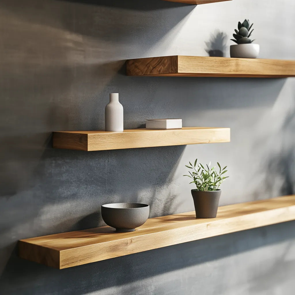 Rustic Wooden Floating Shelf with natural wood grain finish and decor items.