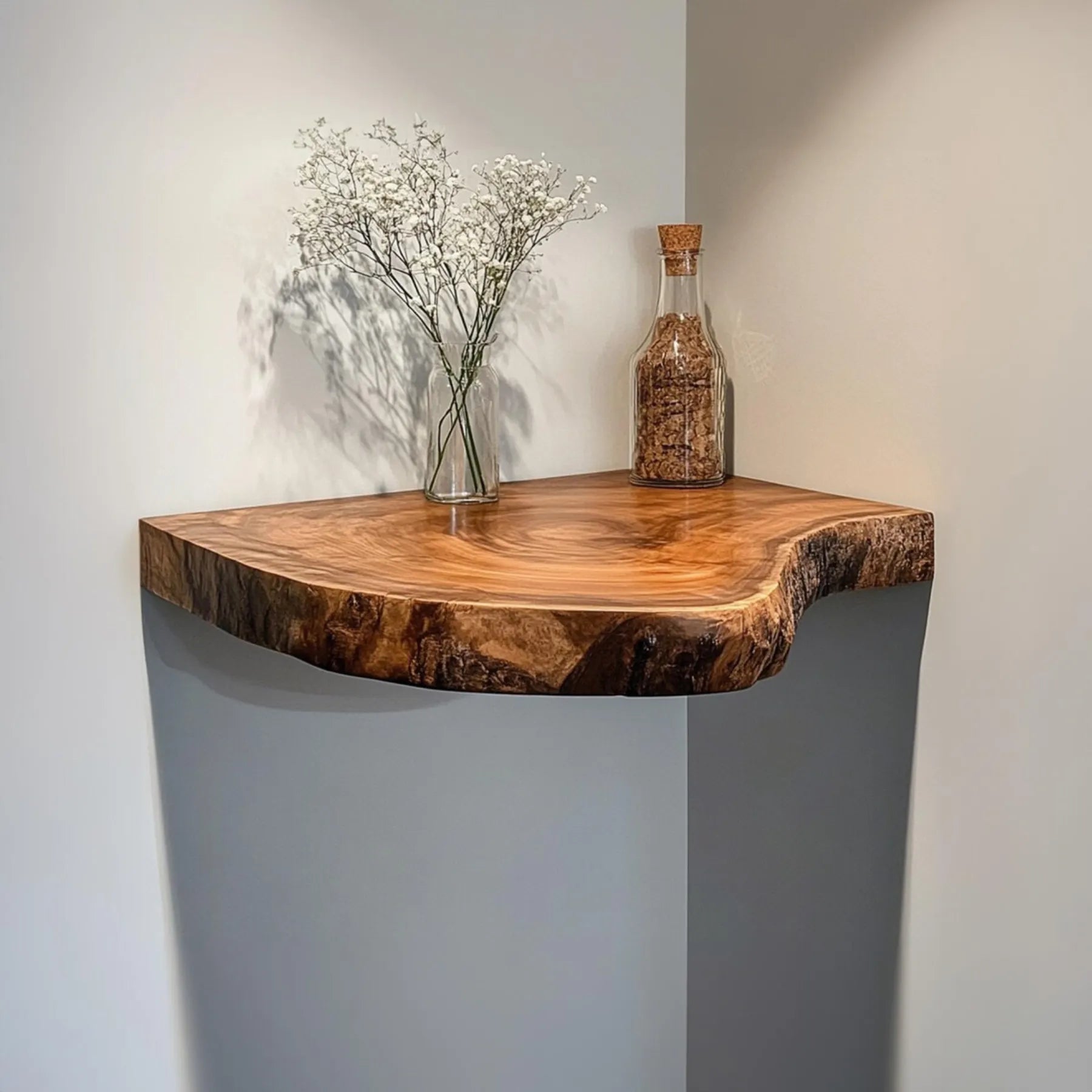 Rustic corner floating shelf space saving wall display solution