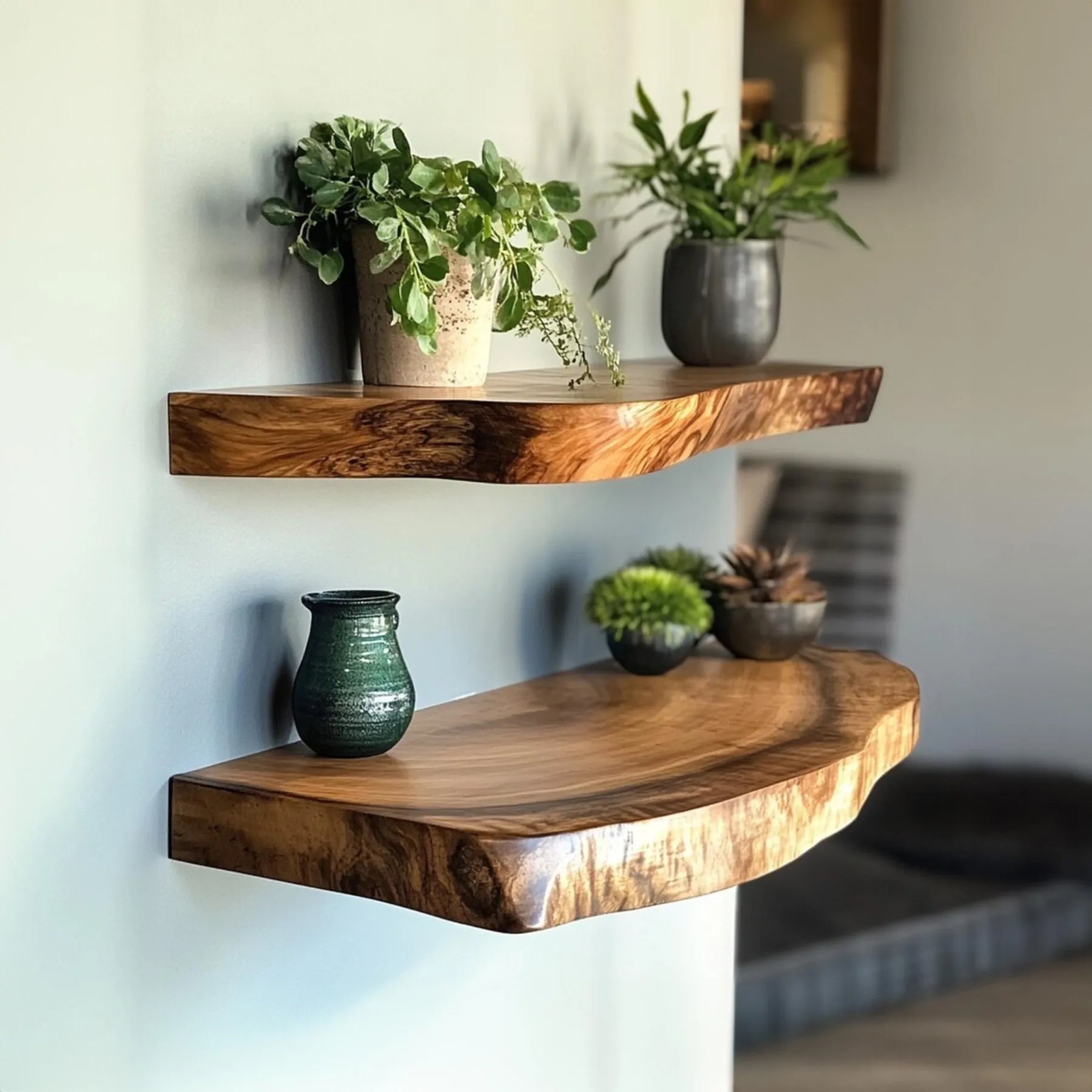 Rustic corner floating shelf space saving wall display solution