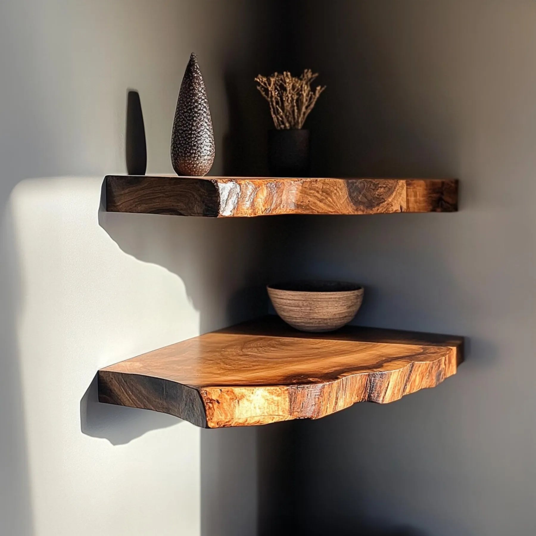 Rustic corner floating shelf space saving wall display solution