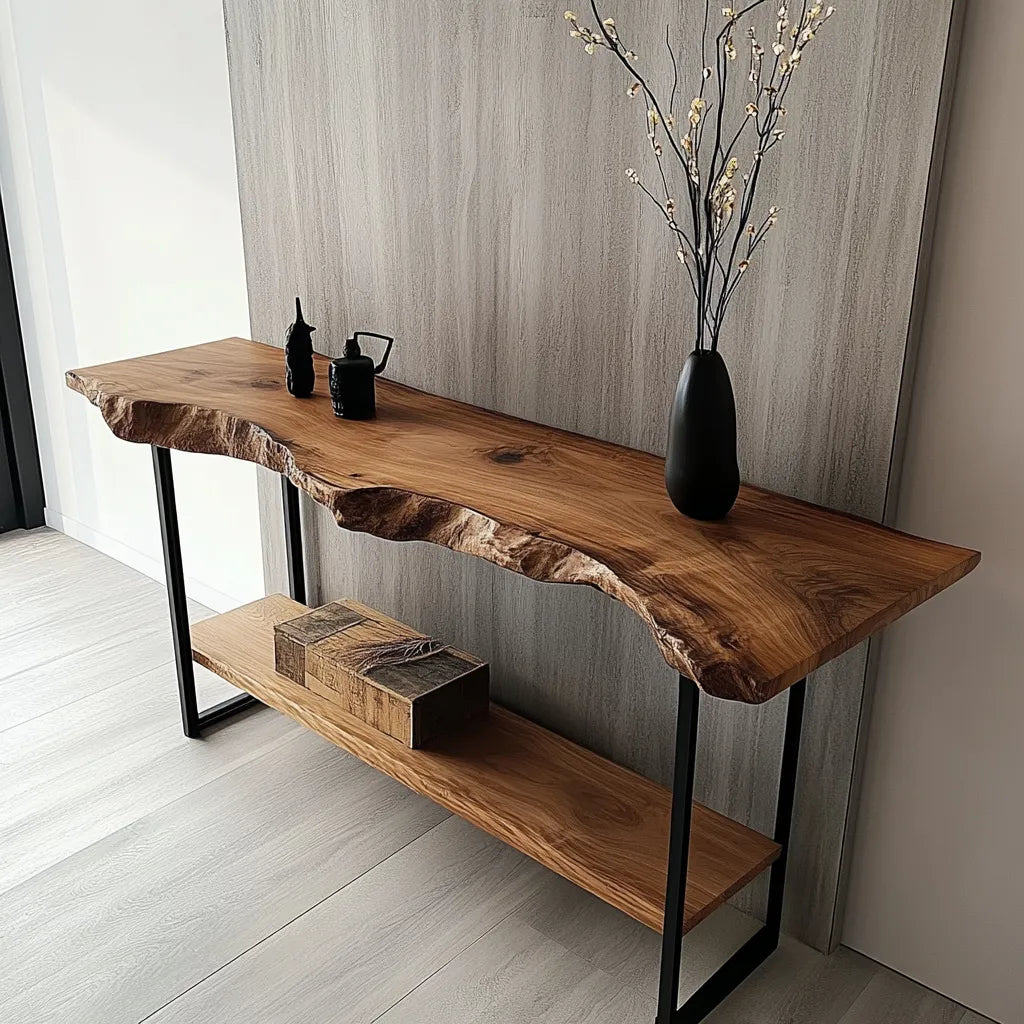 Rustic live edge console table with metal frame and wooden slab top.
