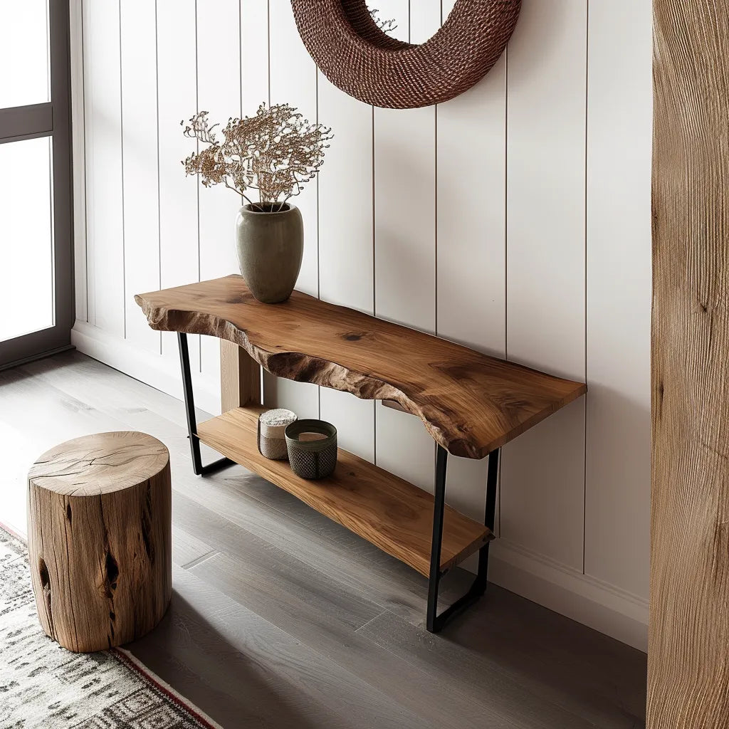 Rustic live edge console table with metal frame and wooden slab top.
