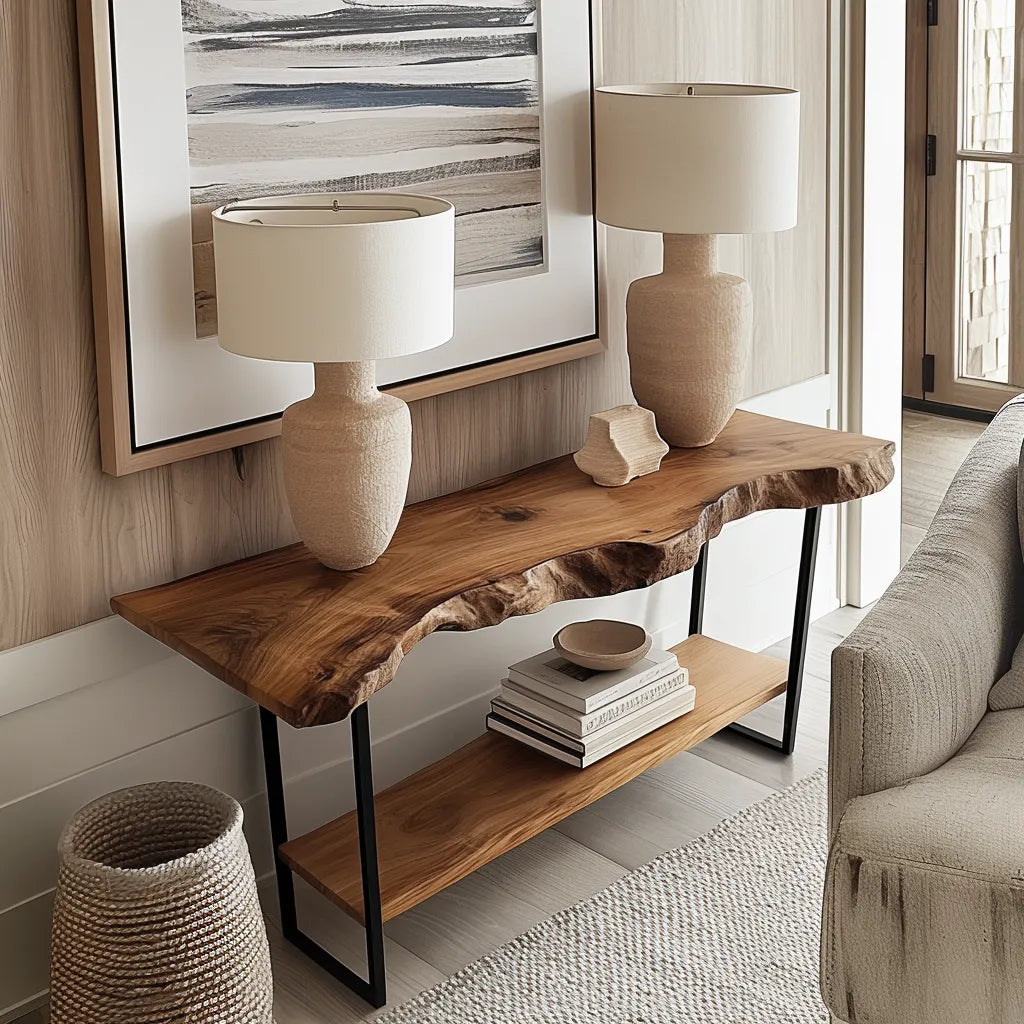 Rustic live edge console table with metal frame and wooden slab top.