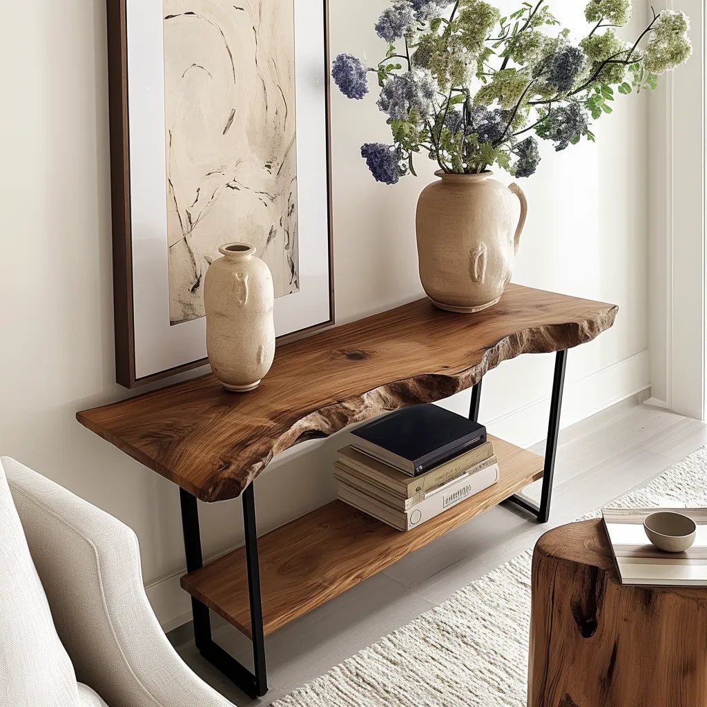 Rustic live edge console table with metal frame and wooden slab top.