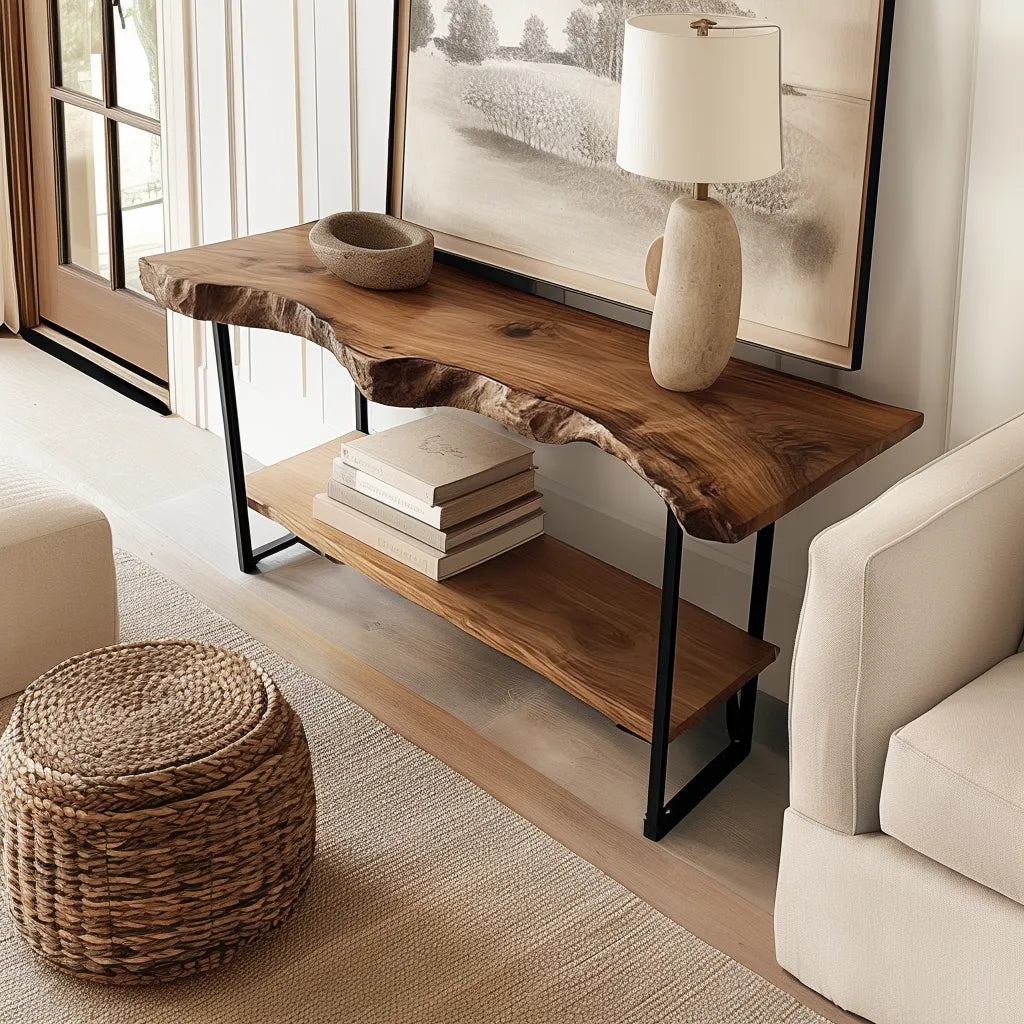 Rustic live edge console table with metal frame and wooden slab top.