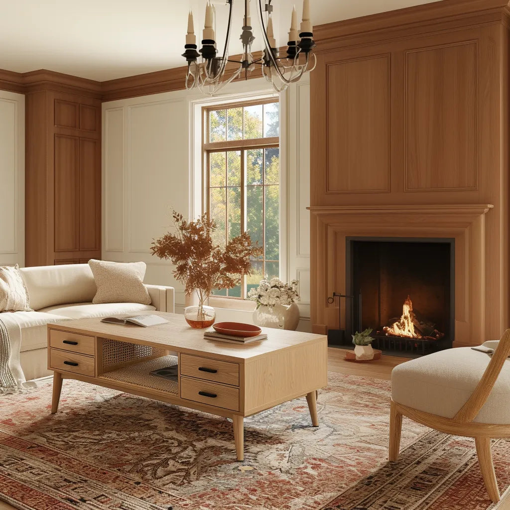 Scandinavian Wooden Coffee Table with rattan shelf and storage drawers.